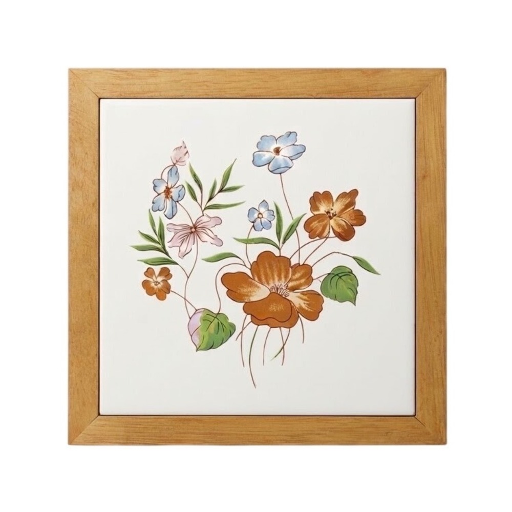 Wood Framed Ceramic Tile Trivet Floral Cottagecore Fairy Grandmacore Y2K Vintage